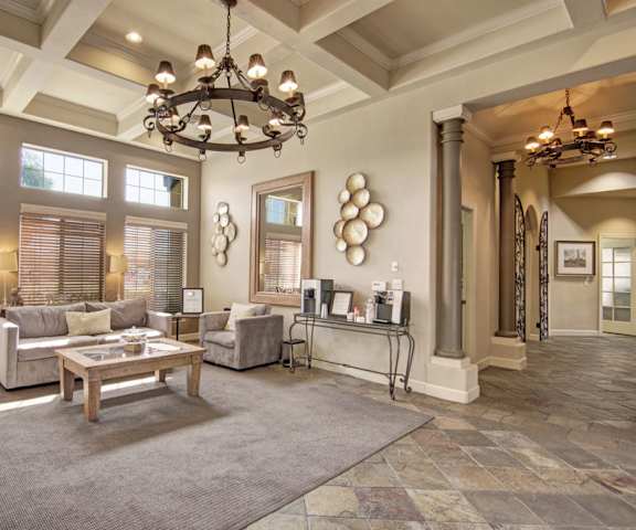 The spacious and light resident lounge with a couch, decorations, plush chairs, chandelier, and coffee tables at Paradise Falls Apartments. 