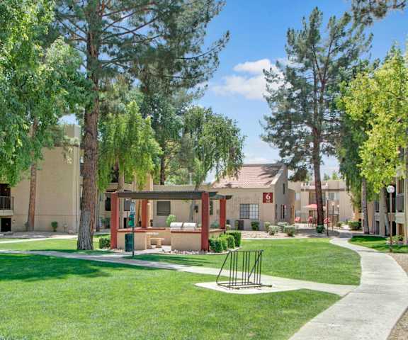 The green space surrounding the apartment buildings with a grassy lawn and trees at Paradise Falls Apartments. 
