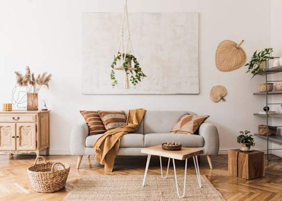 A living room with a grey sofa, a hanging plant, and a wooden cabinet.
