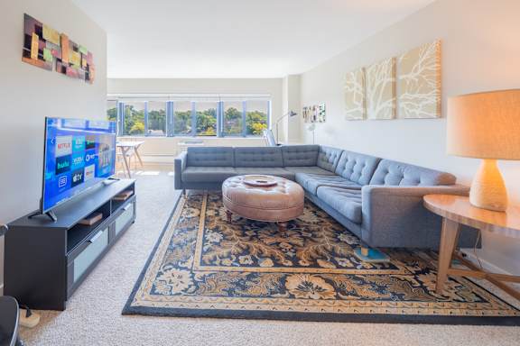 a living room with a blue couch and a rug and a television