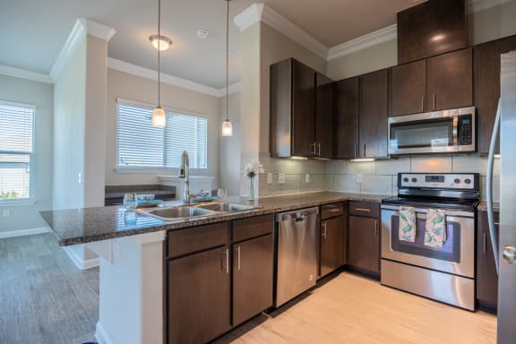 Kitchen with stainless steel appliances, brushed-nickel hardware, and dark cabinets