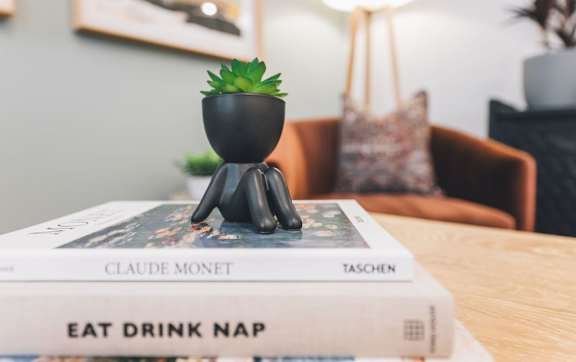A small black figurine sits on top of a book titled "Eat, Drink, Nap" with another book titled "Claude Monet" underneath it.