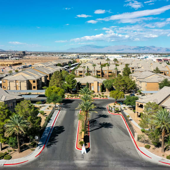 an aerial view of a neighborhood with houses and palm trees