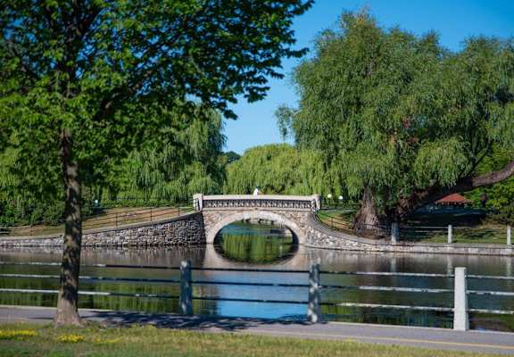 A stone bridge over a calm body of water with a blue fence in the foreground.