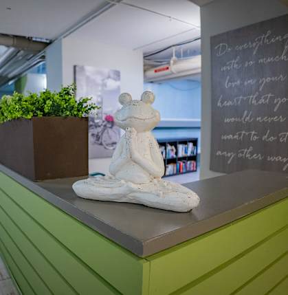 A white mouse statue sits on a green counter.