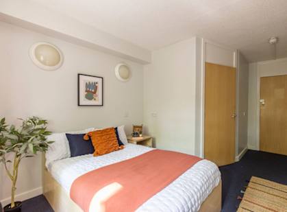 a bedroom with a bed and a potted plant