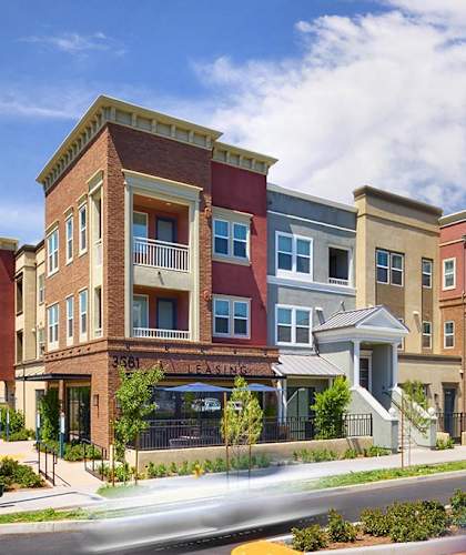 a rendering of a row of town houses on a city street at Citron Apartment Homes, California, 92506