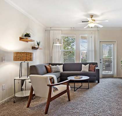 Living Room With Ceiling Fan at Tapestry Park in Chesapeake, VA