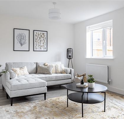 A living room with a grey couch, a black coffee table, and a potted plant.