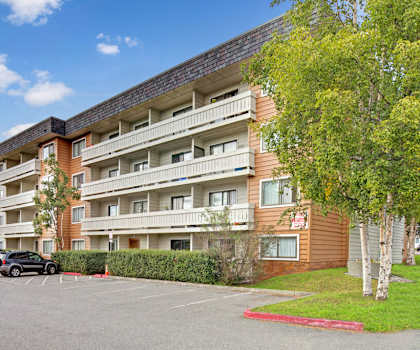 The exterior of the Park Plaza Apartments with the white balconies with trees, bushes, and grass, by the parking lot. 