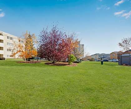 The exterior of Cedar Gardens Apartment Homes, showing green spaces and Autumn trees. 