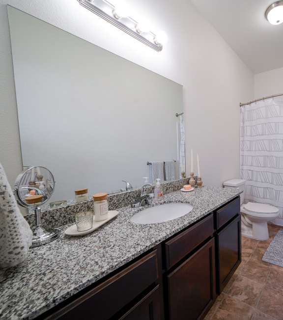 A bathroom with a sink, mirror, toilet, and shower.