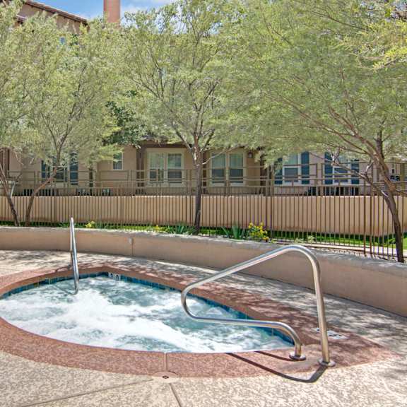 A hot tub with green space, including trees, in the background at Bela Rosa Apartment Homes.