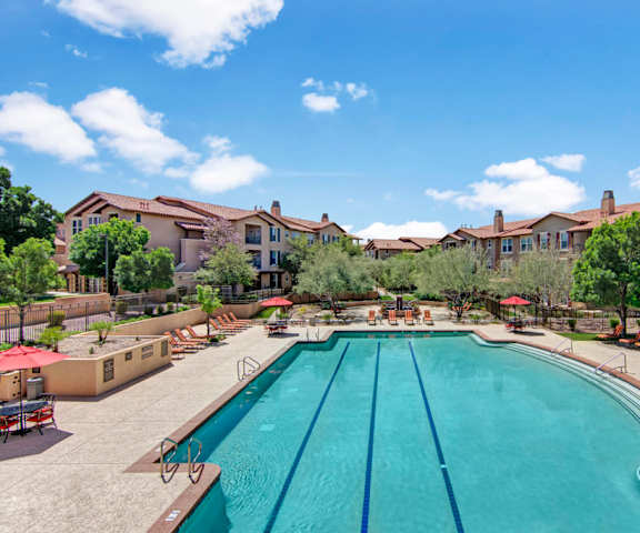 The outdoor pool at Bela Rosa surrounded by tables, chairs, and lounge chairs. 