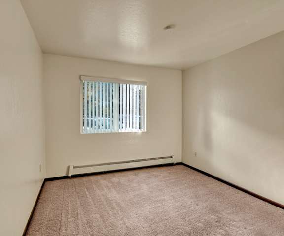 An empty carpeted bedroom with a window at Ladera Villa Apartments. 