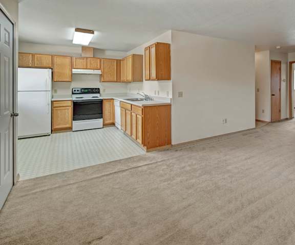 A view of the empty carpeted living room with a window and the kitchen with white appliances and large wooden cabinets at the Legacy Apartment Homes.