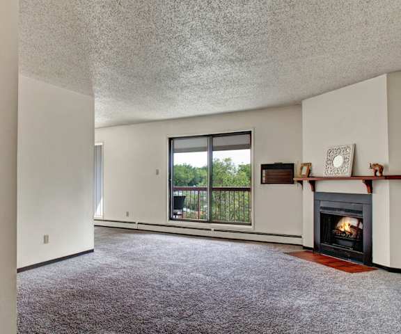 A view of the empty carpeted living room with a fireplace and a window with a view of the green space and balcony at Madison Park Apartments. 
