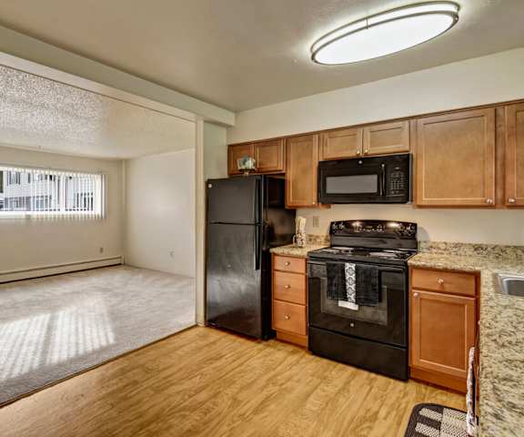 A view of the empty carpeted living room with a window and the kitchen with black appliances and large wooden cabinets at Montclair Apartment Homes. 