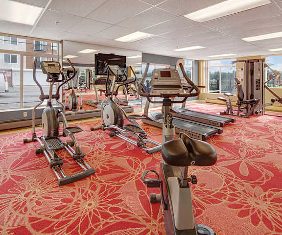 A gym with cardio machines, windows, TVs, and weights at Park Plaza II Apartments. 