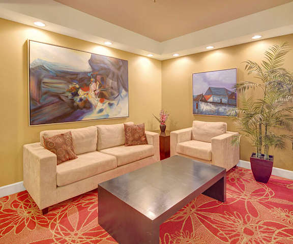 The spacious resident lounge with a couches, decorations, plush chairs, and coffee tables at Park Plaza II Apartments. 