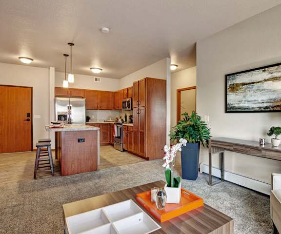 The spacious living room with a couch, a white plush chair, coffee table, overhead lighting with a ceiling fan, decorations, a TV, and view of the kitchen with a bar with two barstools at the Club at Heritage Apartment Homes. 