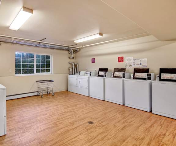 The laundry room with shelves, washers, and dryers at Timber Ridge Apartment Homes. 