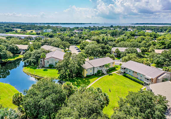 A bird's eye view of a residential area with houses surrounded by greenery and a body of water.