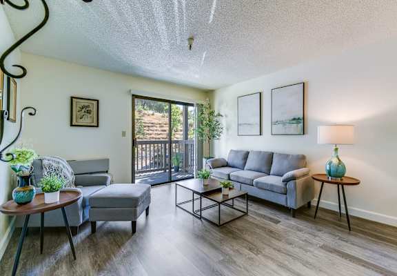 A living room with a grey couch and a coffee table.