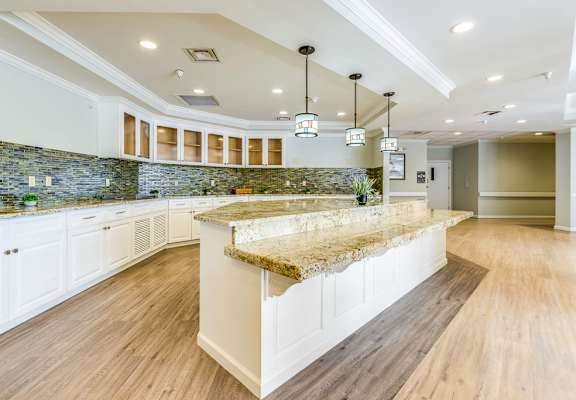 A kitchen with a marble countertop and wooden flooring.