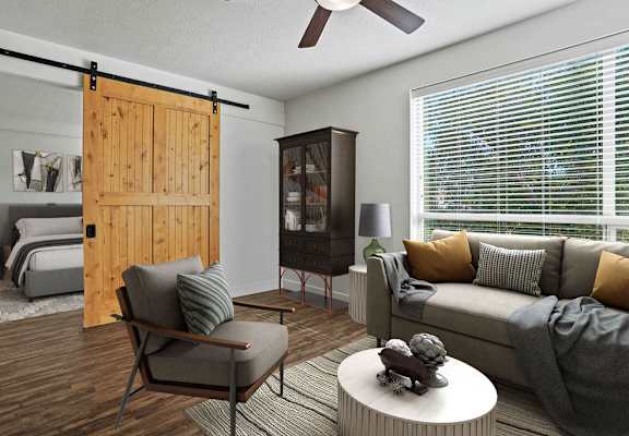 a living room with a couch and a table