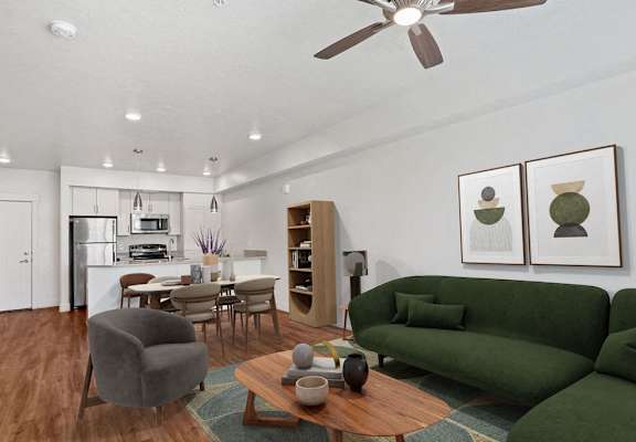 a living room with a couch and a table