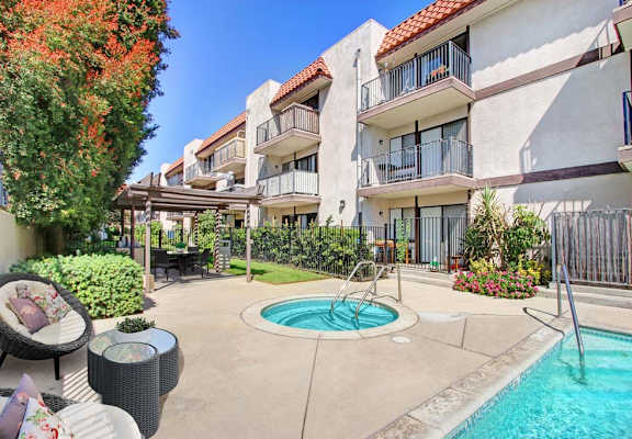 Swimming pool in front of an apartment building at Sherway Villa, California