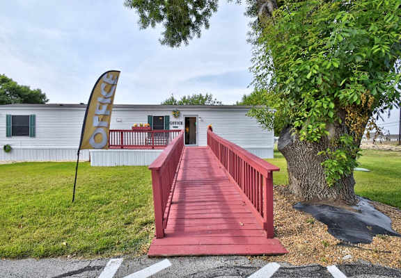 Red bridge in front of office at Country Oaks, San Antonio, TX, 78253