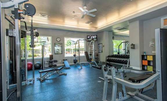 Gymnasium with cardio machine and weights at Artisan 8282. 