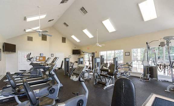 A gym with treadmills, weights, and exercise equipment.