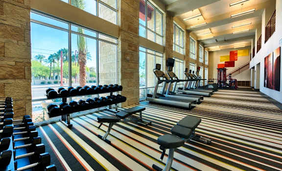 a long row of cardio machines on a striped floor in a large room with large windows at Elevation on Central Apartments, Phoenix, AZ, 85012