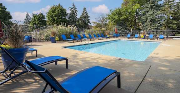 A pool surrounded by blue lounge chairs and trees.