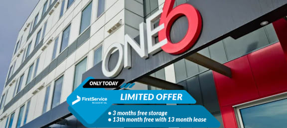 A One6 building with a limited offer sign for free storage and a 13th month free with a 13 month lease.