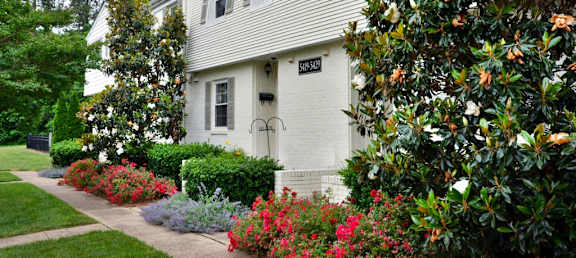 a white house with a garden in front of it at Midtown Park Townhomes, Raleigh, 27609