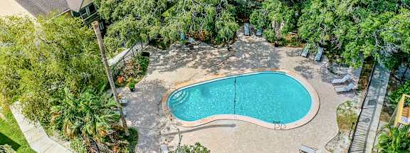 An aerial view of a swimming pool surrounded by trees.