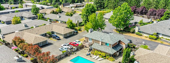 a aerial view of a neighborhood with a swimming pool and houses