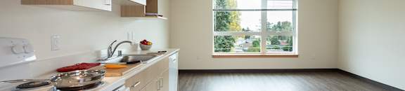 A kitchen with a stove top oven and a window.