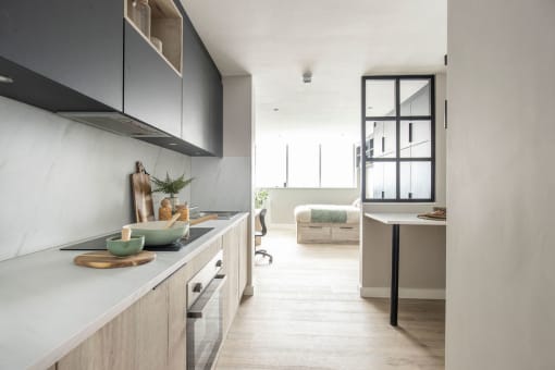 Studio and kitchen at Briggate Studios, student accommodation in Leeds