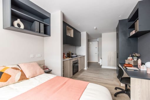 Spacious bedroom at Briggate Studios, student accommodation in Leeds