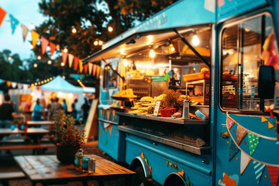 A food truck is parked at a festival with a table in front of it.