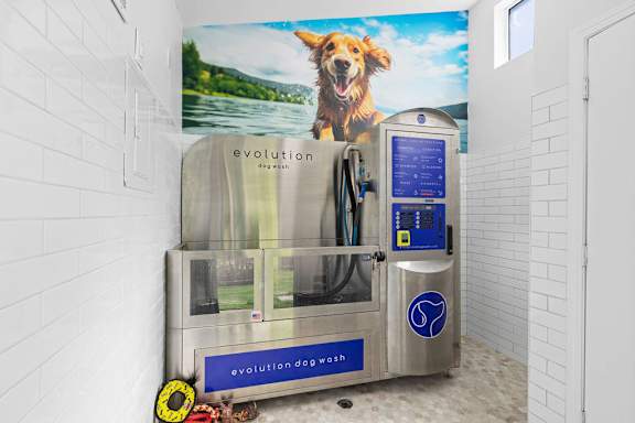 a wall mural of a dog standing next to a refrigerator