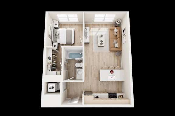 A dollhouse with a kitchen, living room, and bathroom.