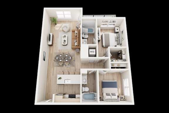 A top-down view of a well-organized apartment layout.