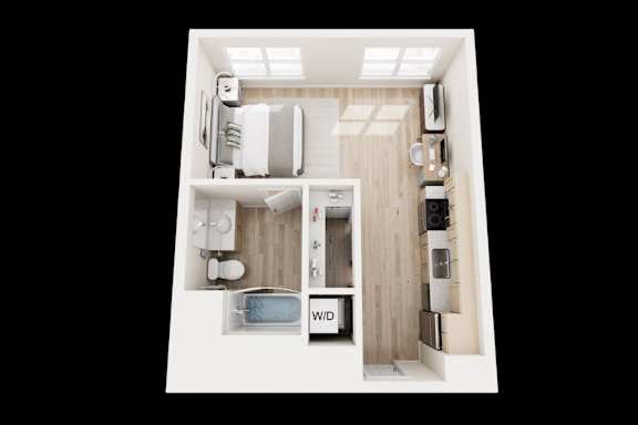 A top-down view of a small, neatly organized apartment with a bed, a desk, and a kitchenette.
