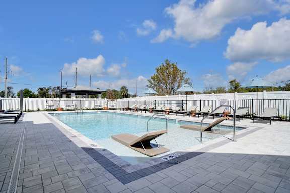 A pool with a bench and a tree in the background.